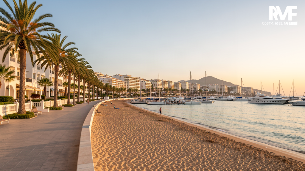 Costa del Sol Marbella beach promenade at golden hour